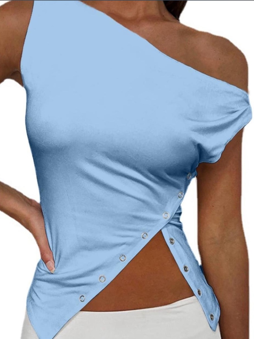 Blue asymmetrical tank top with button details
